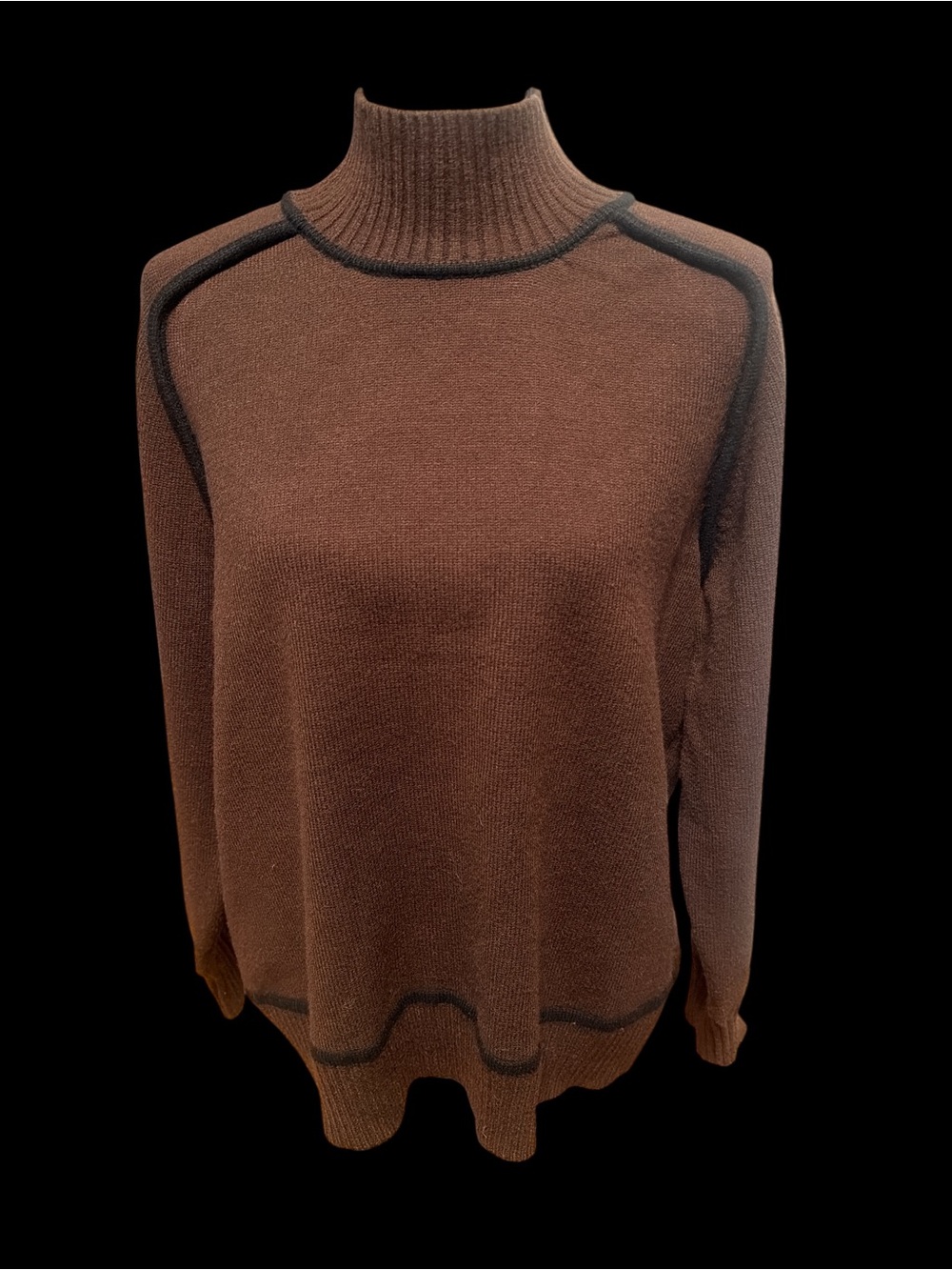 Tahari Dark Brown Turtleneck Sweater with Dark Trim Large